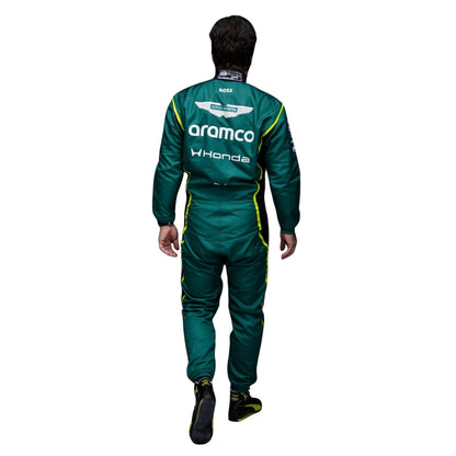 Lance Stroll wearing a Aston Martin racing suit with various sponsor logos with back View