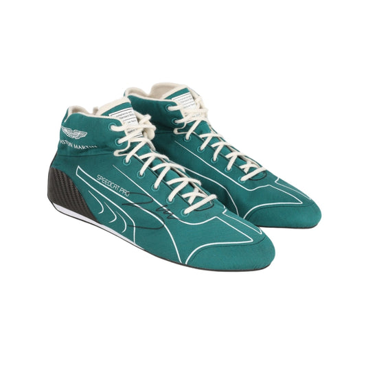 Teal Lance Stroll Dutch GP 2022 F1 race shoes with white laces on a white background