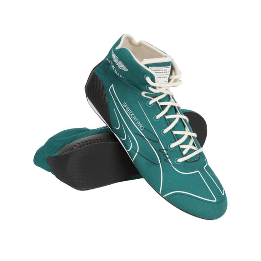 Teal and black Lance Stroll Dutch GP 2022 F1 race shoes with white laces on a white background