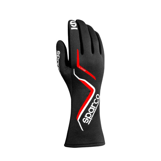 Black Land Sparco USA race glove with red and white accents on a white background