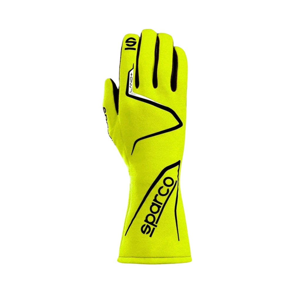 Yellow Land Sparco USA race glove with black accents on a white background