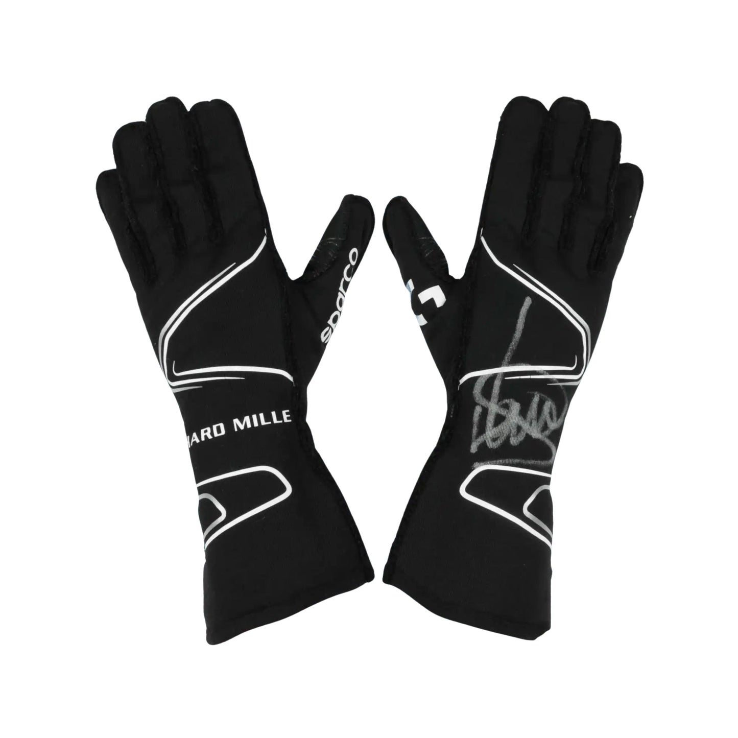 Black Lando Norris 2020 F1 race gloves with white branding on a white background