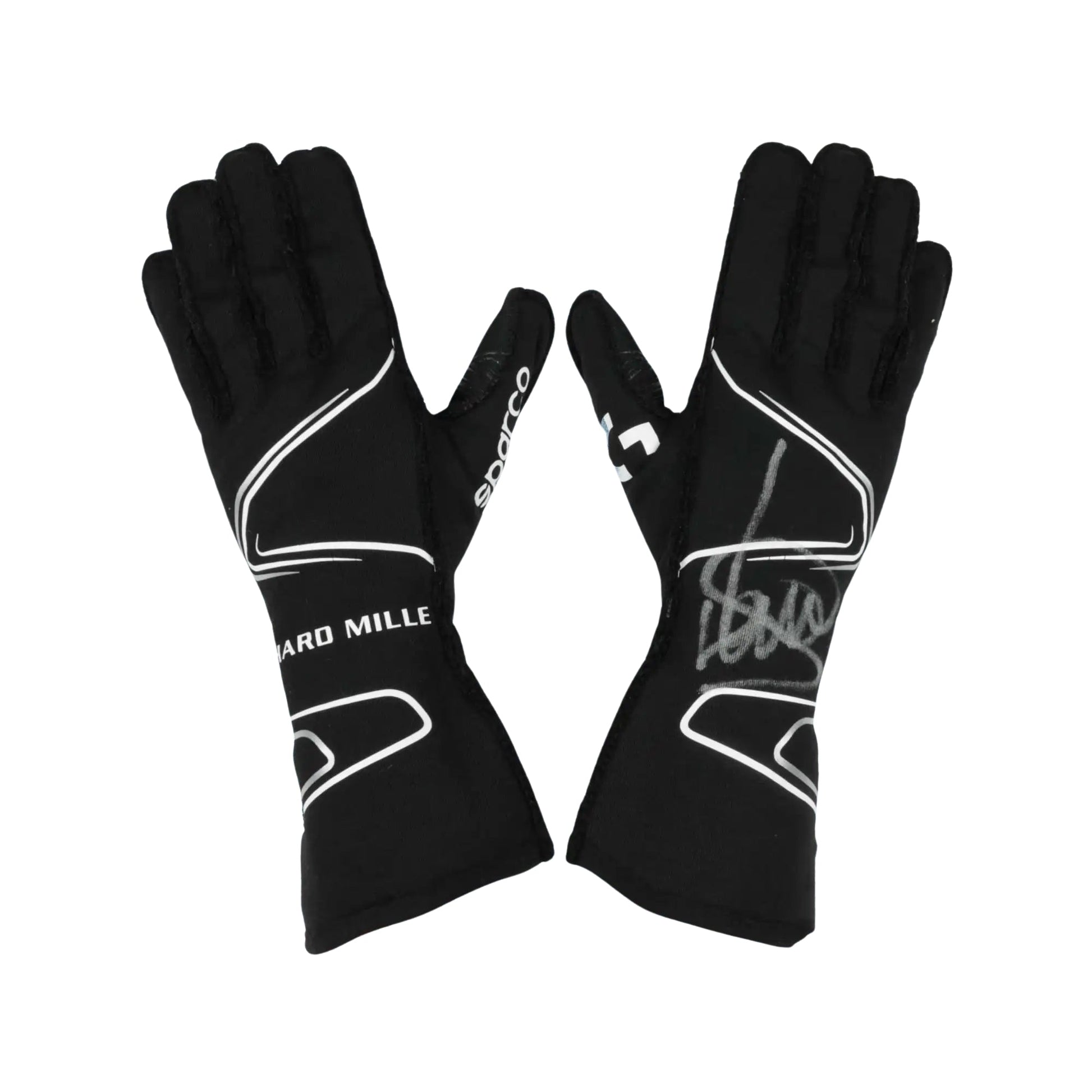 Black Lando Norris 2020 F1 race gloves with white branding on a white background