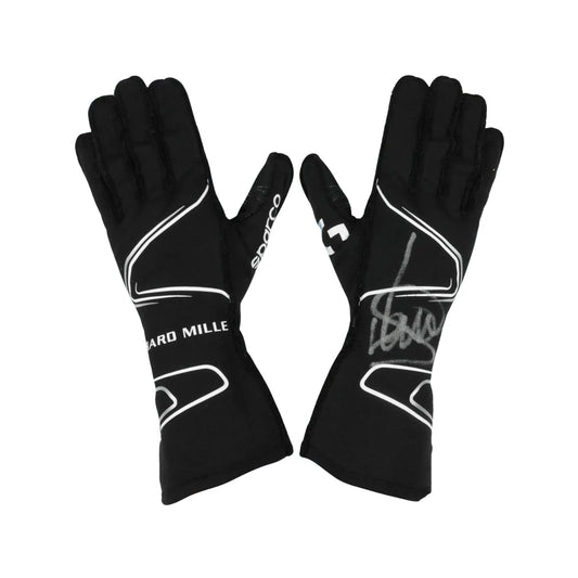 Black Lando Norris 2020 F1 race gloves with white branding on a white background