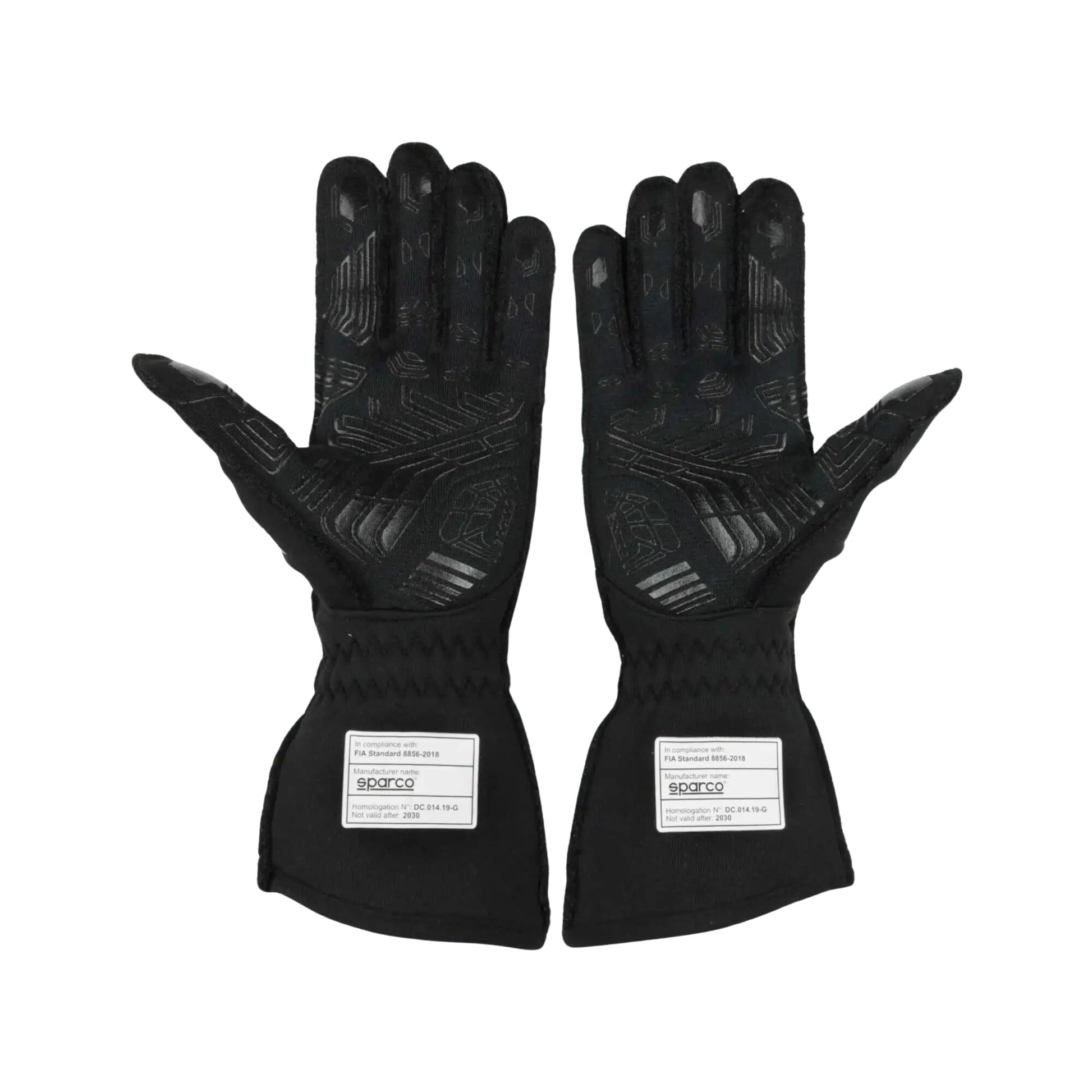Pair of black Lando Norris 2020 F1 race gloves with brand label on a white background