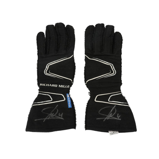 Pair of black Lando Norris 2023 F1 Race gloves with visible branding on a white background