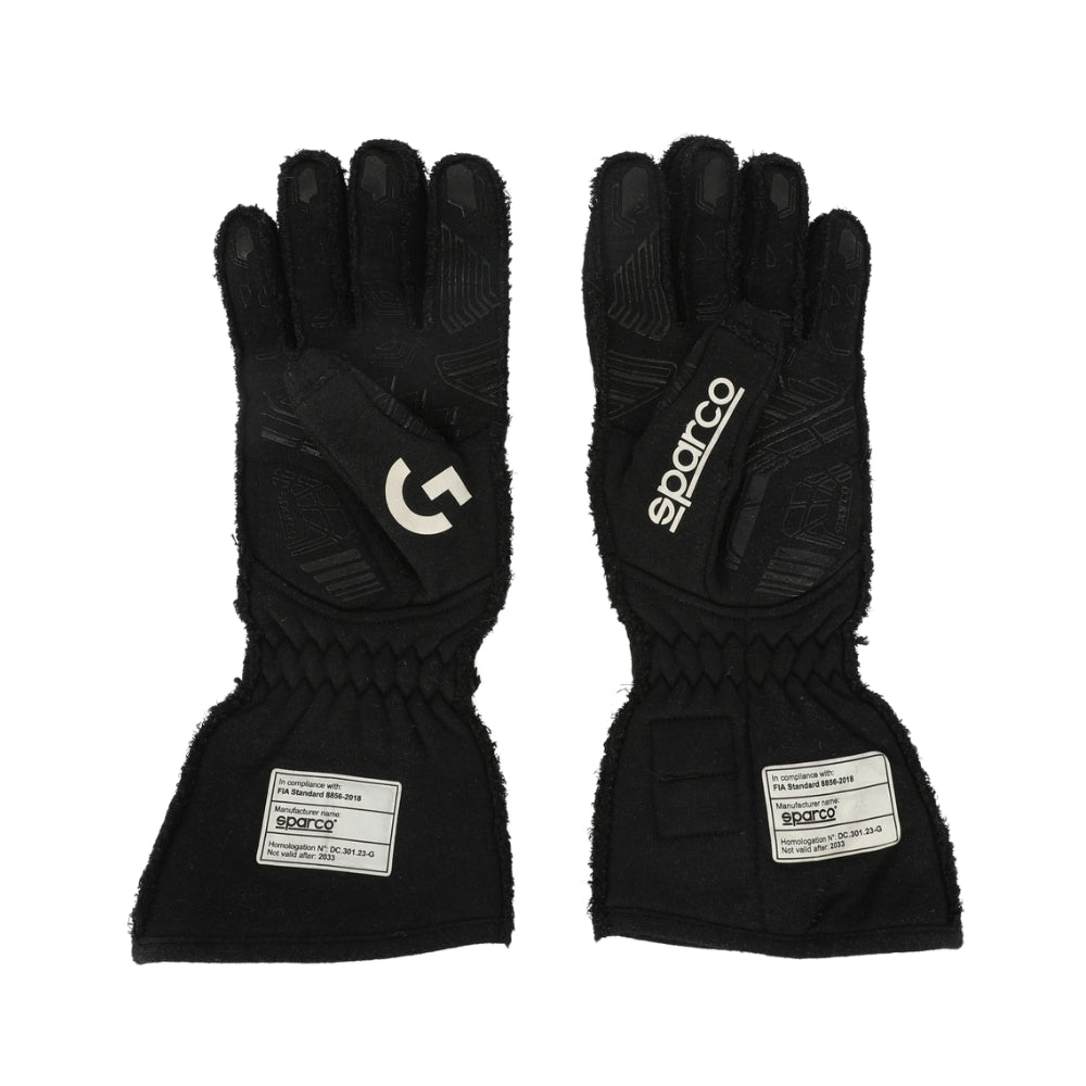 Pair of black Lando Norris 2023 F1 Race gloves with Spacio branding on a white background