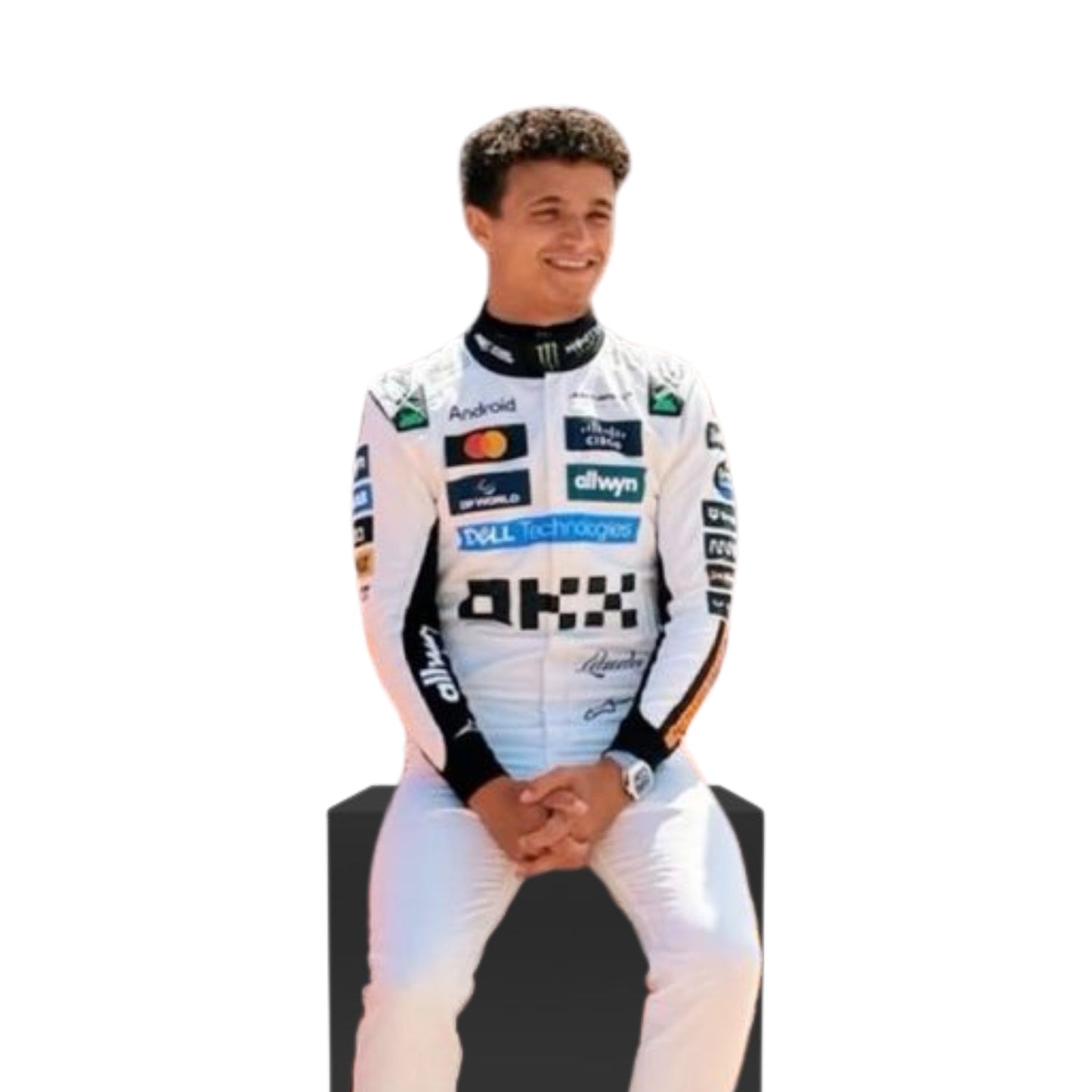 Lando Norris wearing a 2025 Monaco GP McLaren F1 racing suit with various sponsor logos on a white background