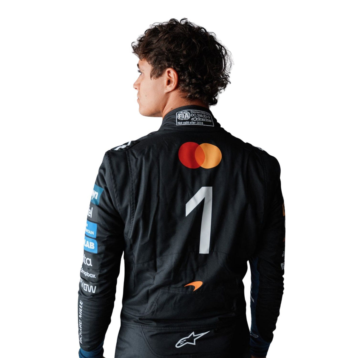 A Lando Norris shown from the back wearing a black racing suit with the number 1 and Mastercard logo on the back, photographed against a plain white background.