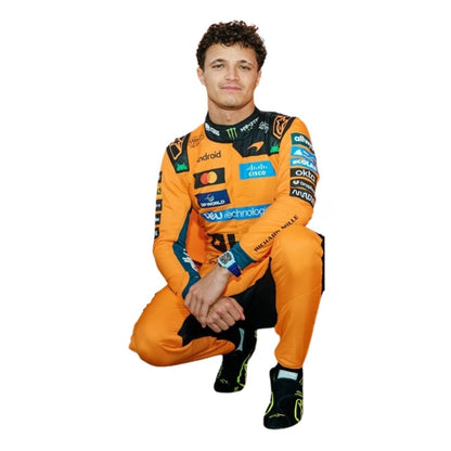 Lando Norris wearing a McLaren racing suit with various sponsor logos with Front View