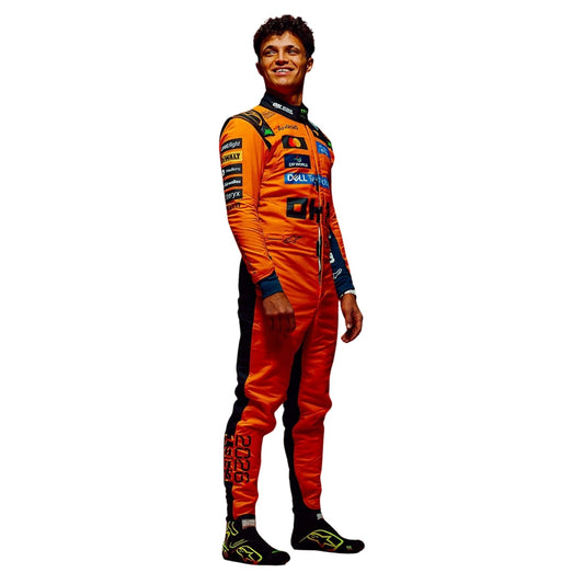 Lando Norris wearing a McLaren racing suit with various sponsor logos with Right View