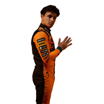 Lando Norris wearing a McLaren racing suit with various sponsor logos with Clsoe View