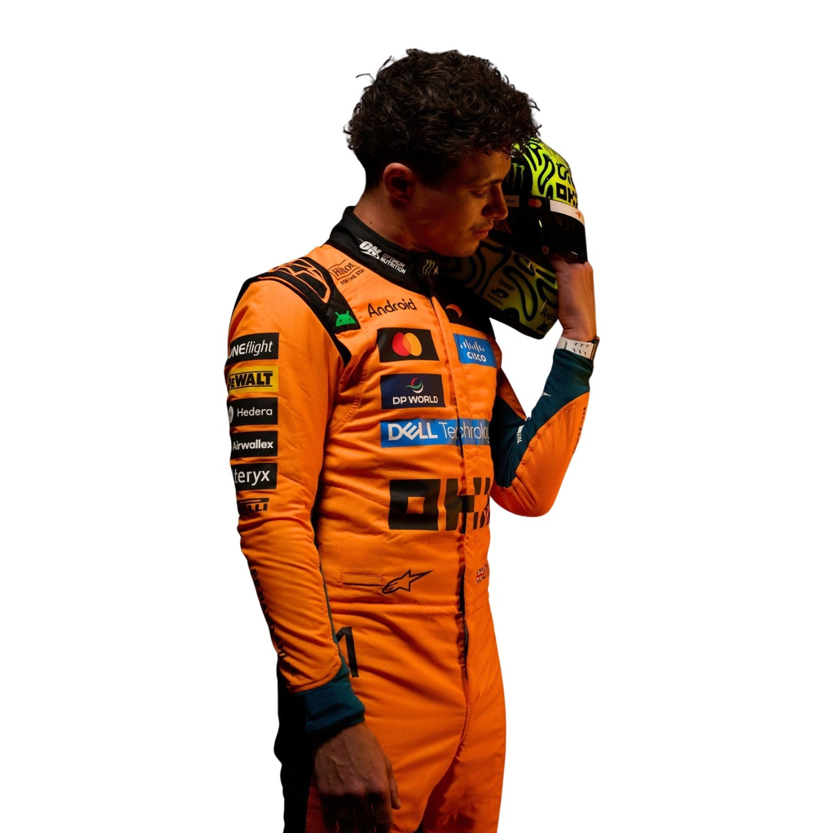 Lando Norris wearing a McLaren racing suit with various sponsor logos with Right View