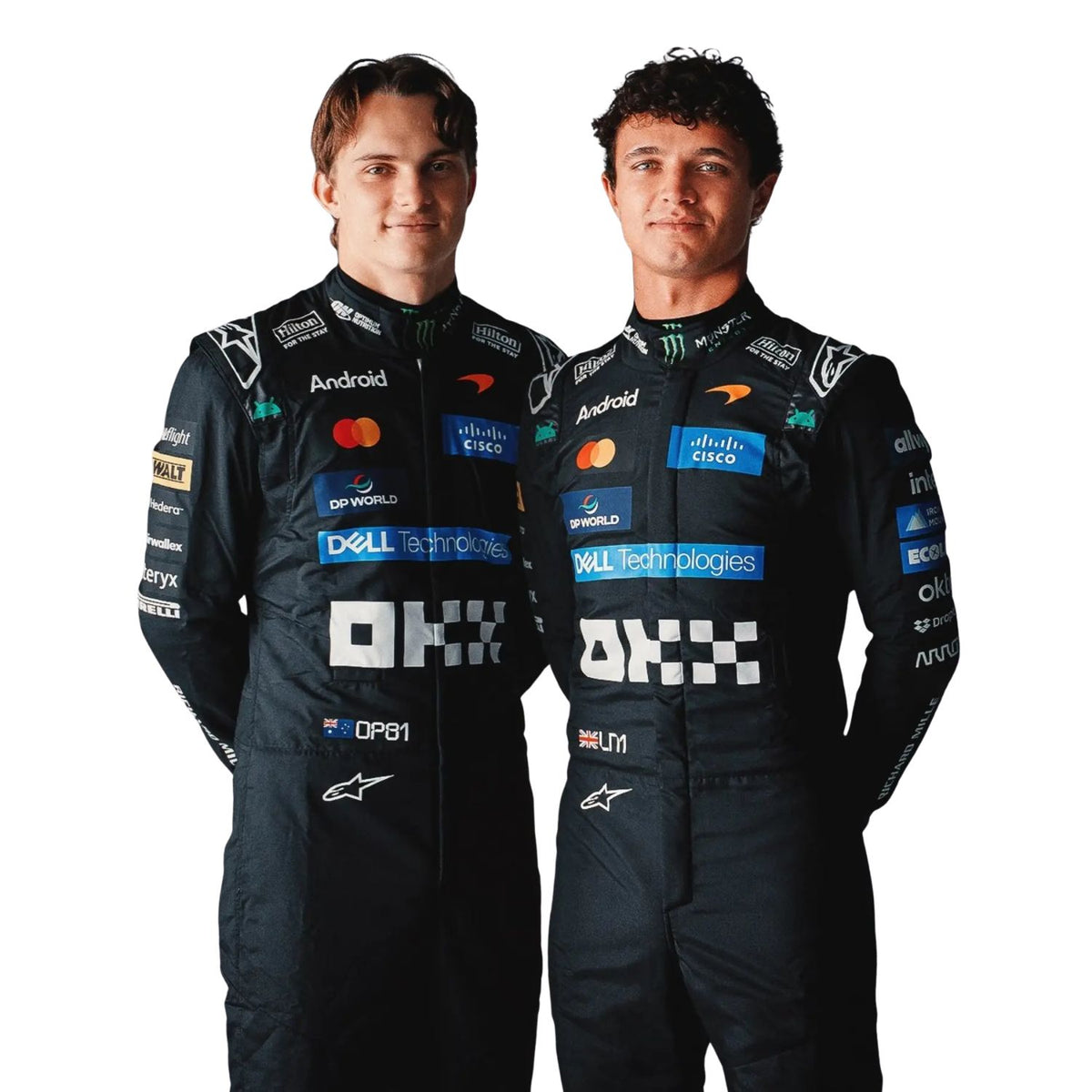 Lando Norris & Oscar Piastri standing side by side in matching black Alpinestars Mercedes racing suits with various sponsor logos, including Mastercard, Android, and Deppa World, against a plain white background.