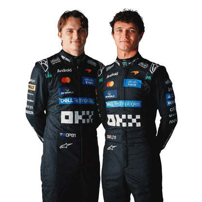 Lando Norris & Oscar Piastri standing side by side in matching black Alpinestars Mercedes racing suits with various sponsor logos, including Mastercard, Android, and Deppa World, against a plain white background.