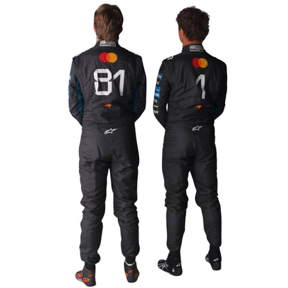 Lando Norris & Oscar Piastri shown from the back wearing matching black racing suits with sponsor logos and large white numbers 81 and 1 on the back, photographed against a plain white background.