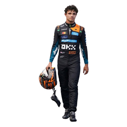 Lando Norris wearing a McLaren Monaco GP racing suit with various sponsor logos with Front View