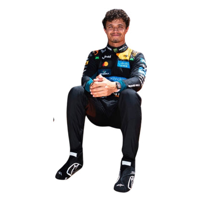 Lando Norris wearing a McLaren Monaco GP racing suit with various sponsor logos with Front View