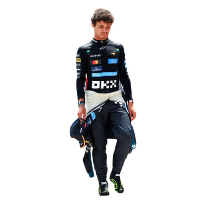 Lando Norris wearing a McLaren Monaco GP racing suit with various sponsor logos with Front View