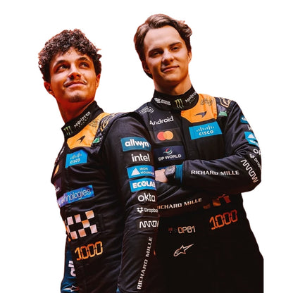 Lando Norris wearing a McLaren Monaco GP racing suit with various sponsor logos with Close View