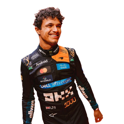 Lando Norris wearing a McLaren Monaco GP racing suit with various sponsor logos with Close View