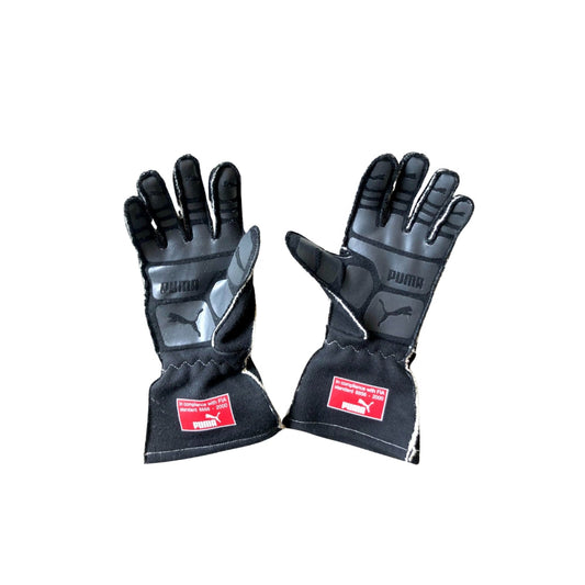 Pair of black Lewis Hamilton 2013 Bespoke Puma Race gloves with Puma logo on a white background