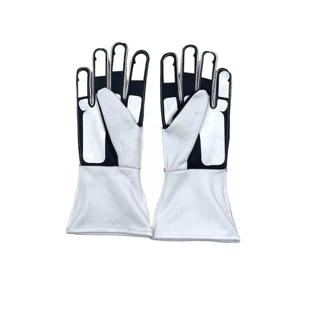 Pair of white Lewis Hamilton 2018 F1 race gloves with black accents on a white background