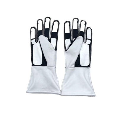 Pair of white Lewis Hamilton 2018 F1 race gloves with black accents on a white background