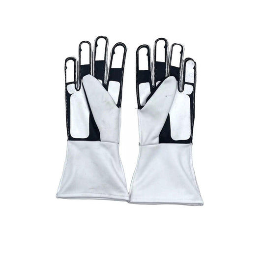 Pair of white Lewis Hamilton 2018 F1 race gloves with black accents on a white background