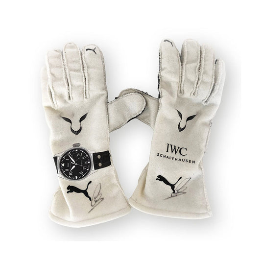 Pair of white Lewis Hamilton 2019 F1 Race gloves with IWC Schaffhausen branding and a watch design on a white background