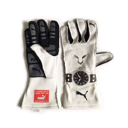 Pair of white Lewis Hamilton 2019 F1 Race gloves with black accents and Puma logo on a white background
