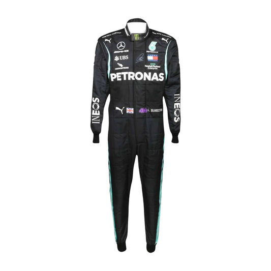 Front view of Lewis Hamilton’s 2020 F1 racing suit in black with turquoise accents, symbolizing his powerful and historic championship season.