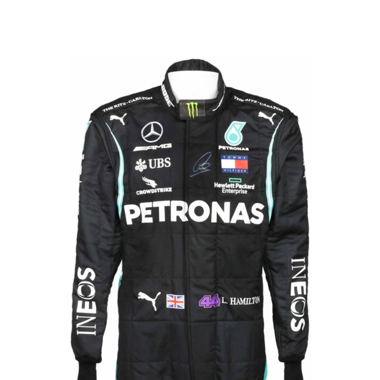 Close-up of Lewis Hamilton’s 2020 F1 suit revealing black fabric with turquoise stitching and sponsor details, worn during his legendary seventh title run.