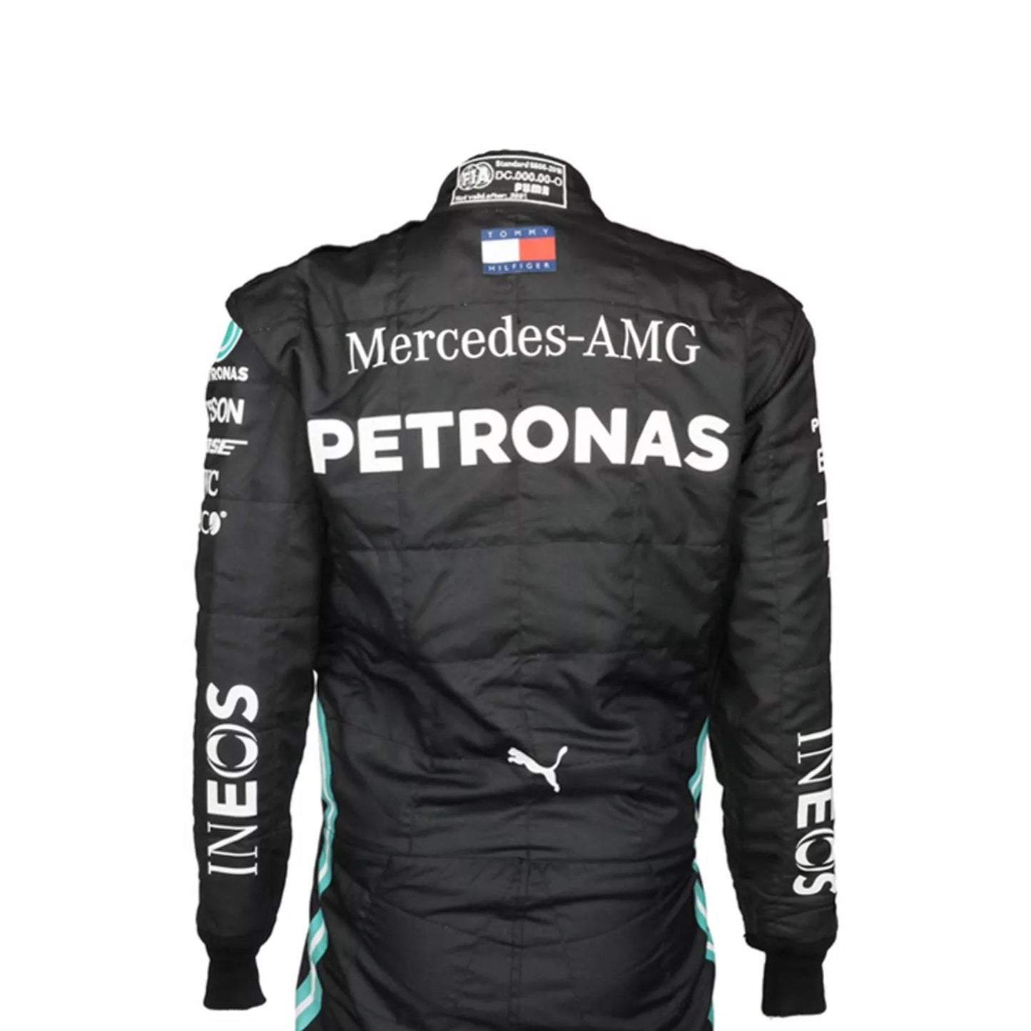 Close-up of Lewis Hamilton’s 2020 F1 suit revealing black fabric with turquoise stitching and sponsor details, worn during his legendary seventh title run.