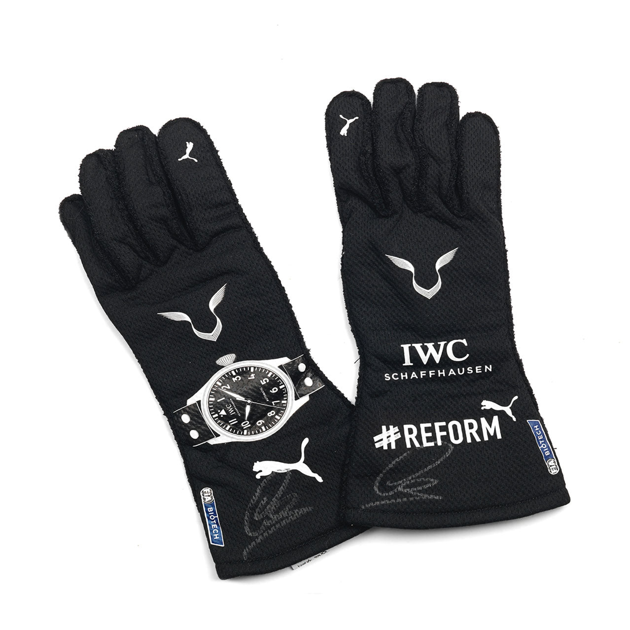 Black Lewis Hamilton 2021 F1 Race gloves with IWC and Reform branding on a white background
