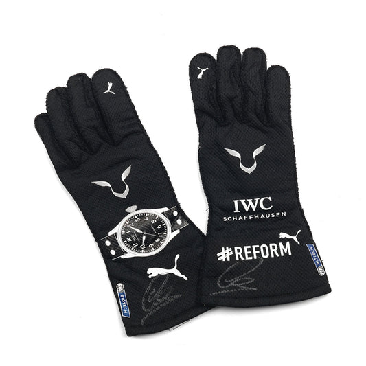 Black Lewis Hamilton 2021 F1 Race gloves with IWC and Reform branding on a white background