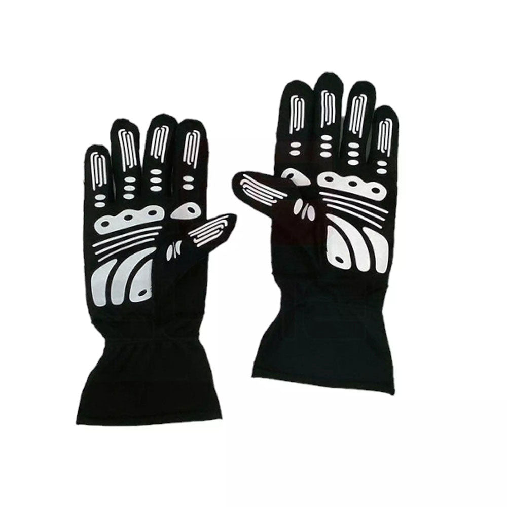 Black Lewis Hamilton 2021 F1 Race gloves with white skeleton design on a white background