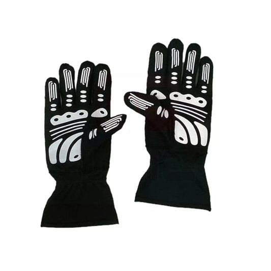 Black Lewis Hamilton 2021 F1 Race gloves with white skeleton design on a white background