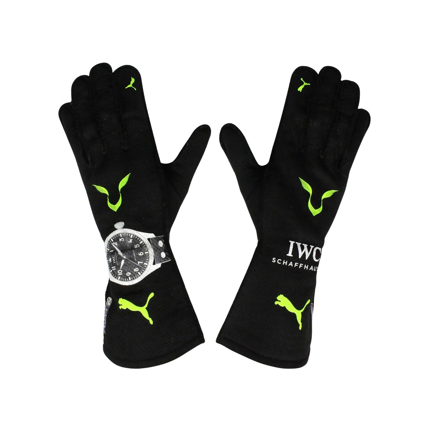 Black Lewis Hamilton 2022 F1 Race gloves with green accents and a watch on a white background