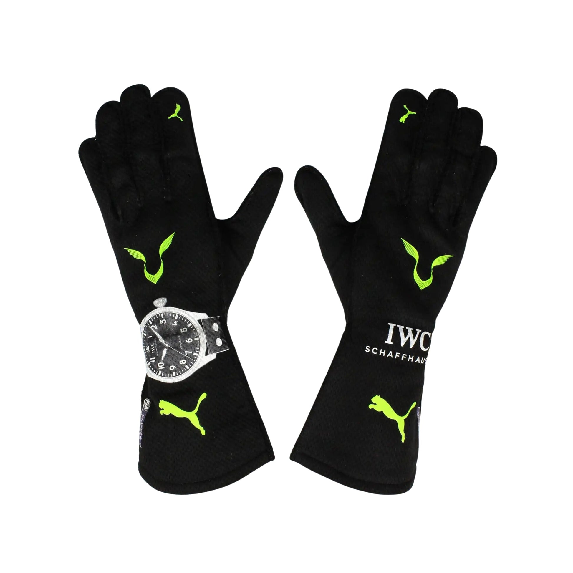 Black Lewis Hamilton 2022 F1 Race gloves with green accents and a watch on a white background