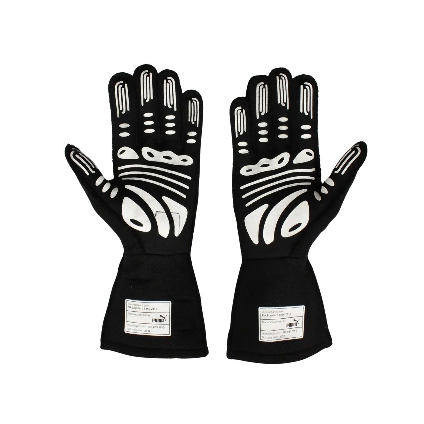 Pair of black Lewis Hamilton 2022 F1 race gloves with white patterns on a white background