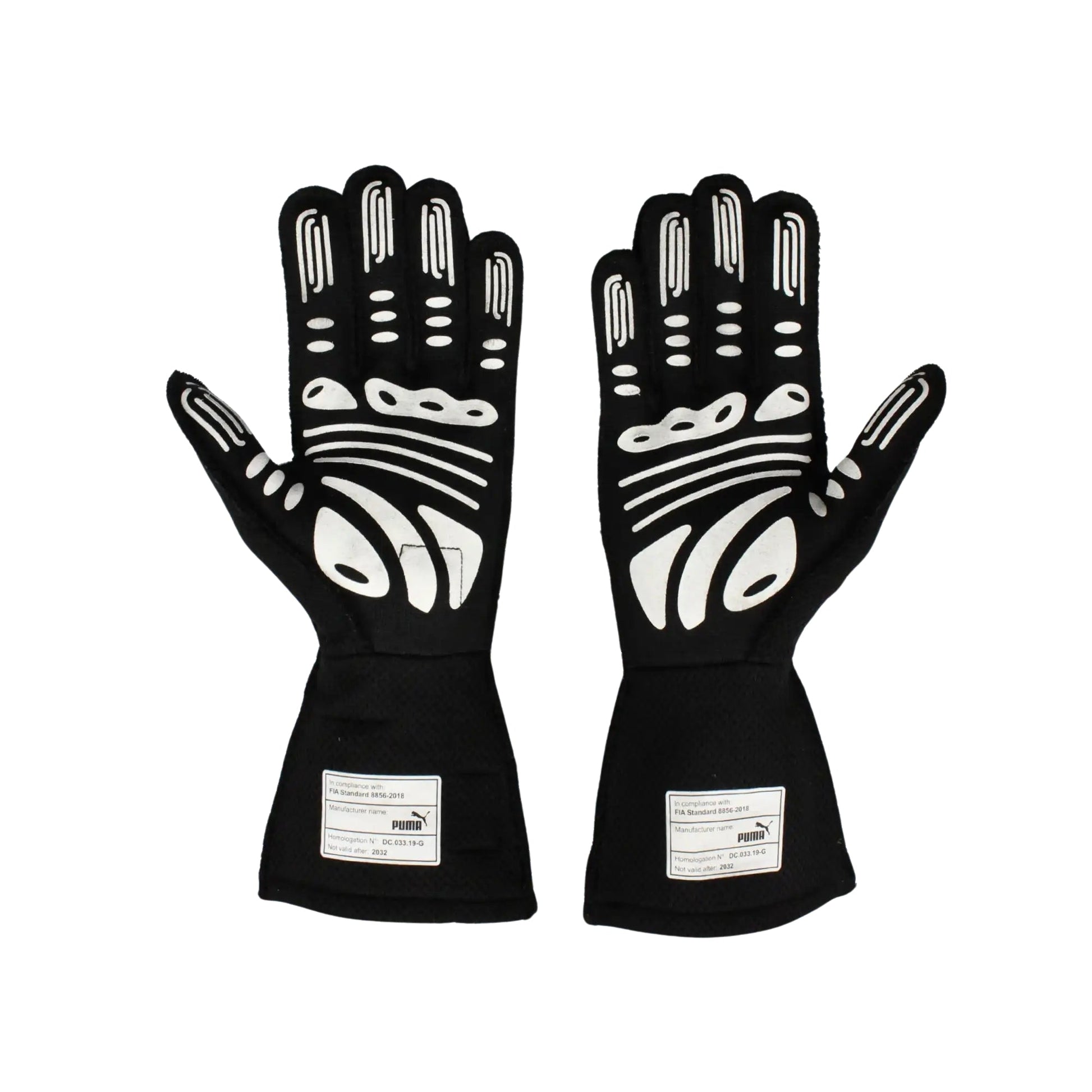 Pair of black Lewis Hamilton 2022 F1 race gloves with white patterns on a white background