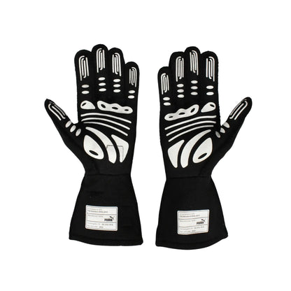Pair of black Lewis Hamilton 2022 F1 race gloves with white patterns on a white background