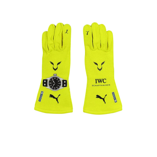 Pair of yellow Lewis Hamilton 2023 F1 Race gloves with IWC logo on a white background