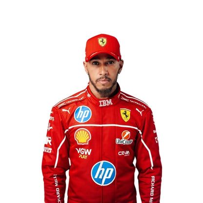 Detailed close-up of the 2025 race suit materials worn by Hamilton, highlighting the precision stitching, breathable mesh zones, and performance-enhancing textures.