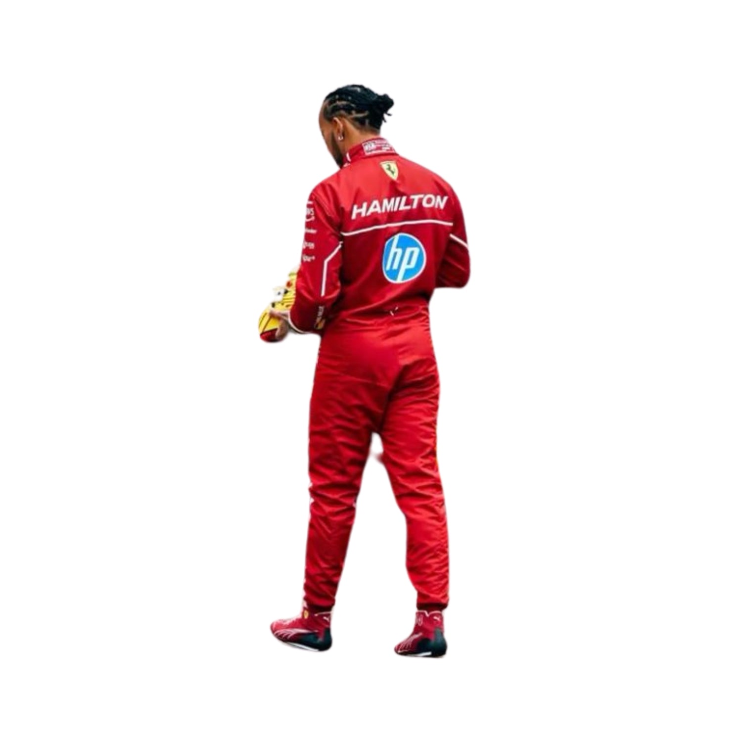 Rear view of 2025 F1 race suit worn by Hamilton with fitted cut, driver branding, and team insignia placed above the aerodynamic spine panel.