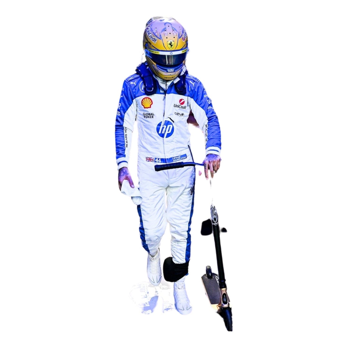 Front view of the 2025 F1 racing suits worn by Lewis Hamilton at the Miami GP, showcasing sleek aerodynamic design with tropical-inspired detailing and precision sponsor placement.