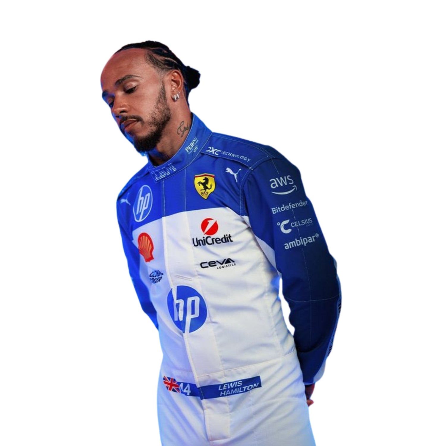 Detailed close-up of the Miami GP 2025 racing suit materials, including high-contrast stitching, driver name embroidery, and premium patches tailored for Hamilton.