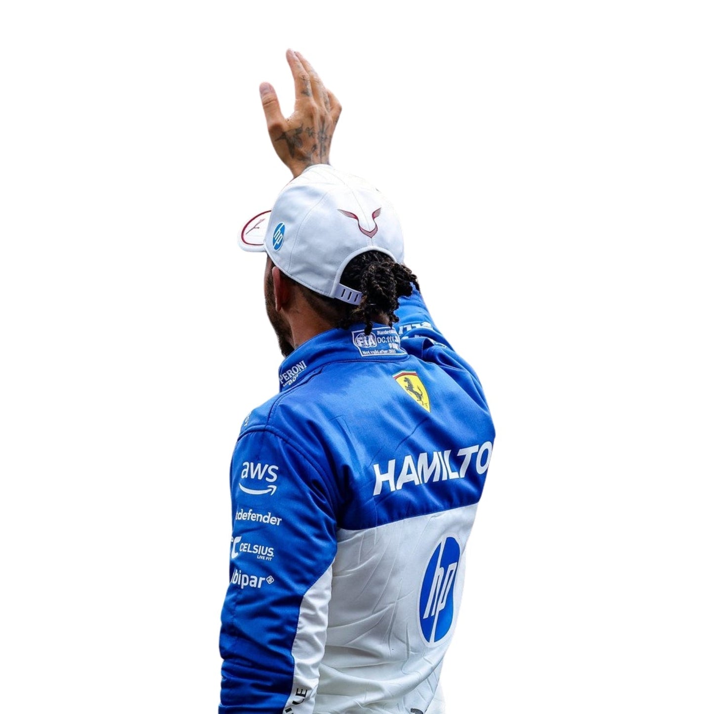 Rear view of Lewis Hamilton’s Miami GP 2025 suits featuring form-fitted tailoring, palm-themed graphics, and team branding near the lower back and collar.
