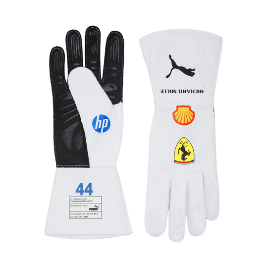 Pair of Lewis Hamilton 2025 Miami GP race gloves with sponsor logos on a white background